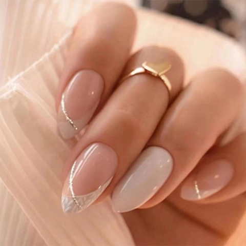 French Tip Almond Press On Nails Pink With Silver Glitter And White Art Design Elegant False Nails For Women DIY
