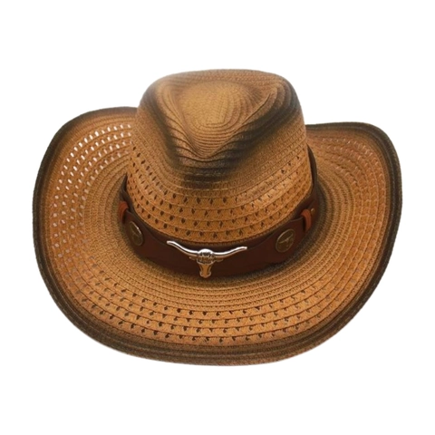 Western Cowboy Straw Hat Breathable Wide Brim Sun Protection Vintage Ethnic Bull Head Decor Leather Band Windproof Rope