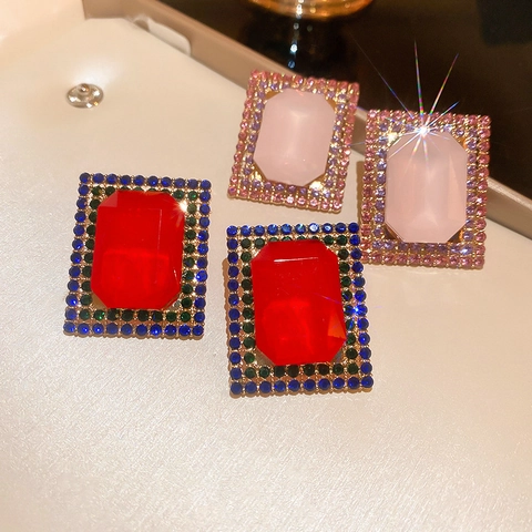 Vintage Geometric Square Rhinestone Stud Earrings Copper Alloy Colorful Crystal For Women With Silver Earring Post