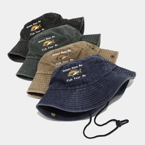 Washed Cotton Fishing Bucket Hat With Fish Embroidery Sun Protection Outdoor Safari Sun Hat With Adjustable Strap