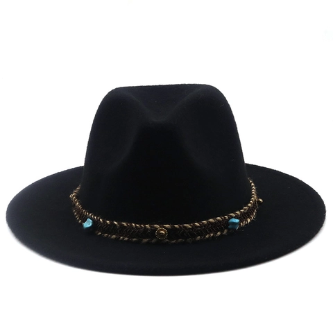 Wide Brim Fedora Hat Wool Felt Ethnic Bohemian Tribal Band Turquoise Rivets Jazz Panama Sun Hat Unisex