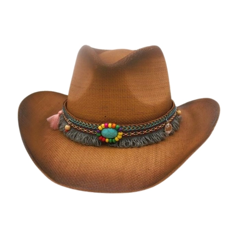 Cappello Da Cowboy In Paglia Western Etnico Bohémien Tesa Larga Protezione Solare Con Nappa Di Perline Turchese