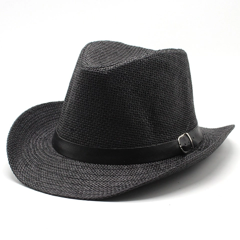 Chapeau De Cow-Boy Tressé En Paille Été Bord Large Protection Solaire Fedora Respirant Avec Bande En Cuir Boucle Métallique Unisexe
