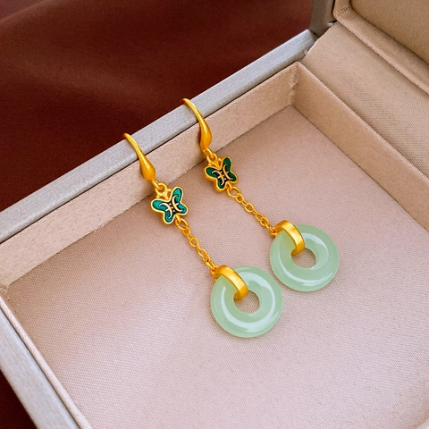 Vintage Chinese Style Butterfly Drop Ear Hook Earrings With Copper Steel Post And Green Imitation Jade Round Pendant For Women