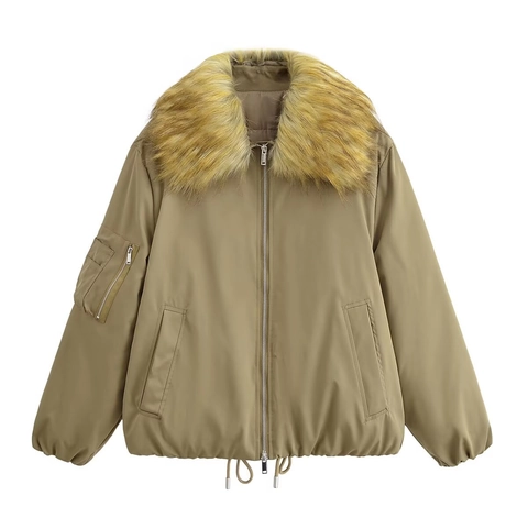 Veste Pour Femmes Avec Col En Fausse Fourrure Amovible Fermeture Éclair Ourlet À Cordon Bomber Décontracté Kaki Rembourré