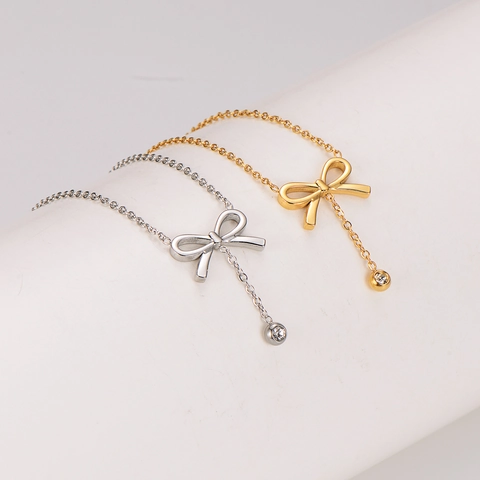 Collar Con Colgante De Lazo Acero Inoxidable 304 Borla De Diamantes De Imitación Cadena Clavícula Para Mujer Joyería
