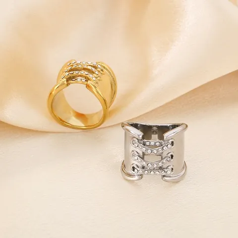 Wide Band Ring Stainless Steel Rhinestone Corset Lacing Cross Tie Knot 18K Gold Plated Fashion Jewelry For Women