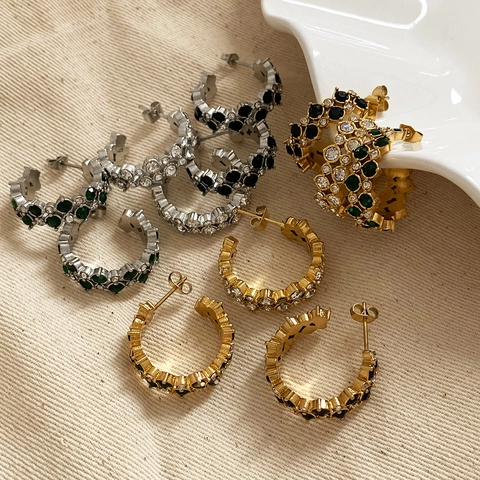 Boucles D Oreilles Créoles En Acier Inoxydable Forme C Zircone Double Rangée Luxe Mode Pour Femmes Élégant Rétro