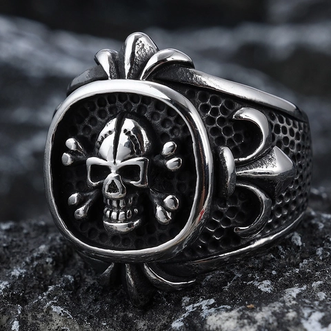 Vintage Skull Ring For Men 316L Stainless Steel Gothic Punk Fleur-De-Lis Biker Crossbones Distressed Jewelry