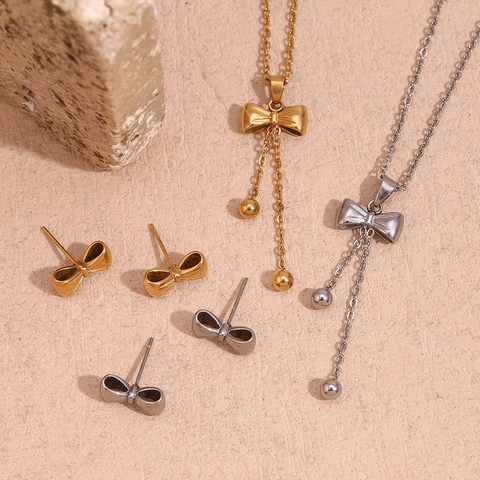 Bowknot Necklace And Earrings Stainless Steel 18K Gold Plated Tassel Beads Elegant Fashion Jewelry For Women