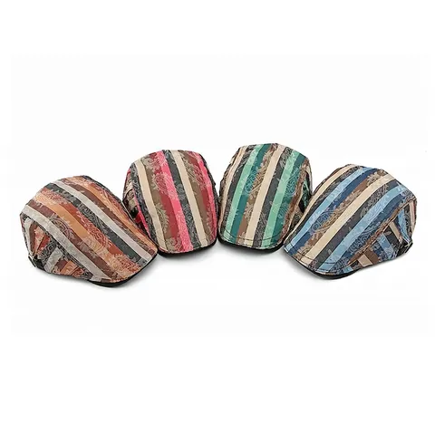 Béret en Coton Style Britannique Vintage à Rayures et Motif Paisley Réglable pour Hommes et Femmes