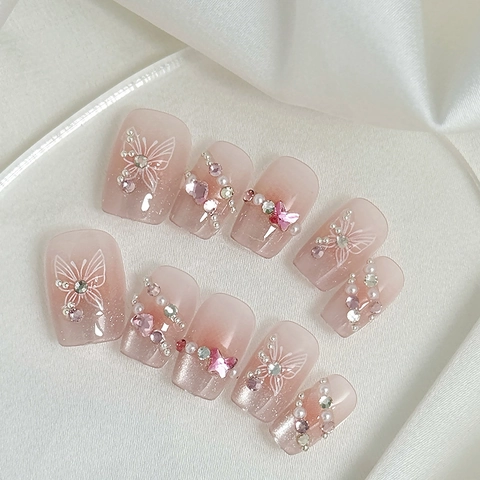 Handgefertigte Press On Nails Rosa Farbverlauf Cat Eye Effekt Schmetterling Strass Künstliche Perle Dekoration Kurz Quadratisch Süßer Stil Damen