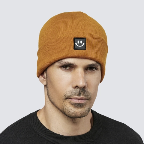 Acrylic Knitted Beanie Hat Warm Winter Outdoor Happy Face Patch Cuffed Ribbed Casual Unisex