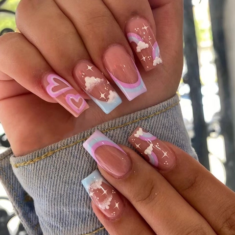 Press On Nägel Lange Coffin Französisch Pink Blau Spleißen Wolke Stern Herz Muster ABS Kunststoff Künstliche Nägel Damen