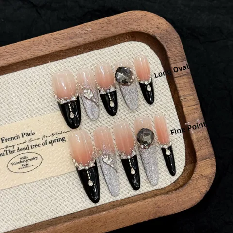 Uñas Postizas Hechas a Mano Punta Francesa Oscura Ojo de Gato Gris Brillante Diamantes de Imitación Lujo Uñas para Mujer