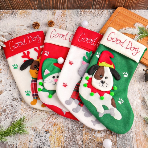 Calza Di Natale In Feltro Cartone Animato Gatto Cane Borsa Regalo Appesa Per Decorazione Festa