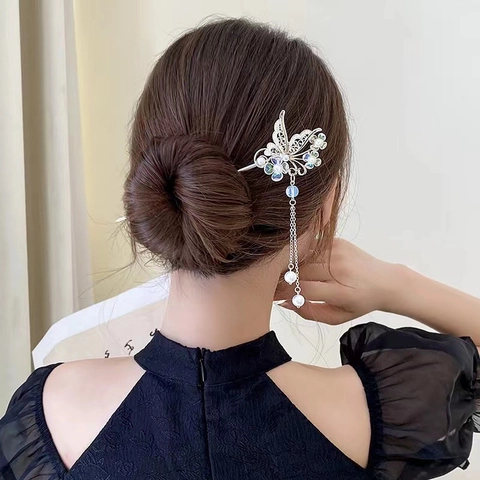 Bastoncino Per Capelli Farfalla Vintage Lega Perla Artificial Lunga Nappa Per Hanfu Acconciatura Forcina Eleganti Accessori Per Donna