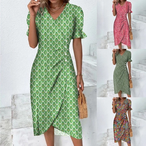 Women's Elegant Geometric Print V-Neck Dress Puff Sleeve Irregular Hem Short Sleeve Slim Fit Polyester Dress Vacation Wear