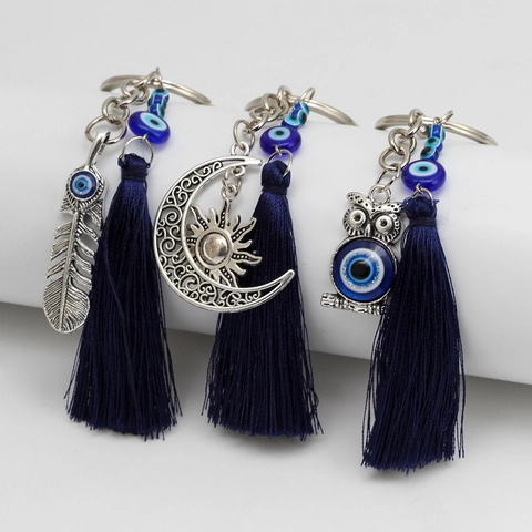 Portachiavi Malocchio Con Nappina Blu Lega Mano Di Fatima Gufo Croce Piuma Ciondolo Bohemien Ornamento Per Borsa