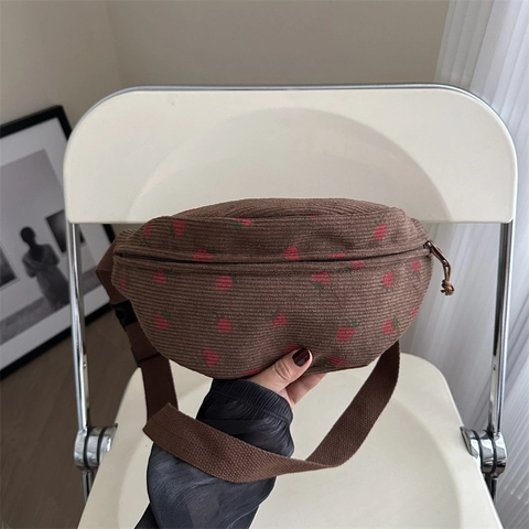 Sac Banane En Velours Côtelé À Motif Fraise Pour Femmes Sac De Poitrine Bandoulière Mignon Style Japonais Sangle Réglable