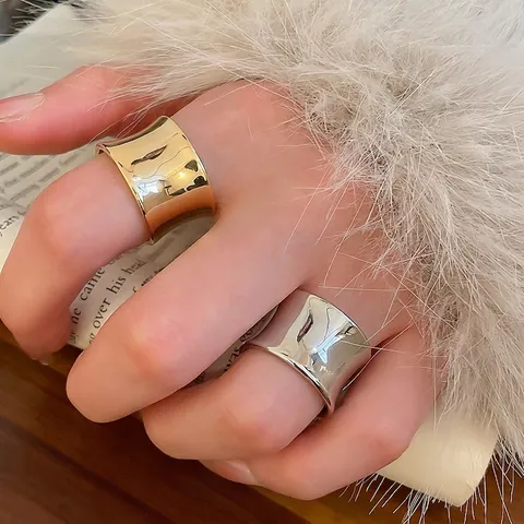 Minimalist Wide Band Ring Copper Irregular Concave Mirror Polished Adjustable Open Finger Jewelry For Women