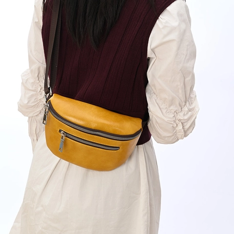 Sac De Poitrine Femme En Cuir PU Multi Fermetures Éclair Imperméable Sac Banane Sangle Réglable Sac À Bandoulière Décontracté
