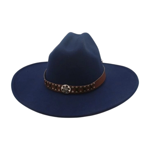 Chapeau De Cow-Boy Western En Feutrine Daim Fedora À Bord Large Avec Bande En Cuir Rivetée Style Ethnique Vintage