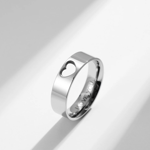 Anello di Coppia Minimalista in Acciaio Inossidabile Cuore Cavo per Uomo Donna Incisione I Love You Gioielli per Promessa Matrimonio