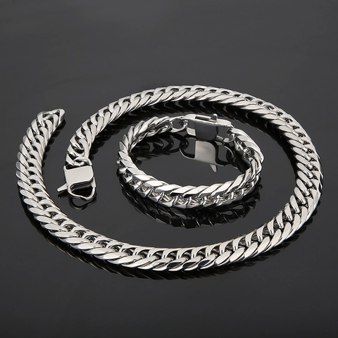 Men Stainless Steel Cuban Link Chain Necklace And Bracelet Hip Hop Simple Fashion Polished Silver Color Punk Jewelry