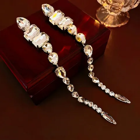 Orecchini Lunghi A Nappa Con Strass Goccia D'acqua Perno In Argento Rame Gioielli Di Lusso Donna