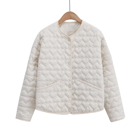 Women Heart Shaped Quilted Jacket Round Neck Single Breasted Lightweight Solid Color Long Sleeve Coat Outwear