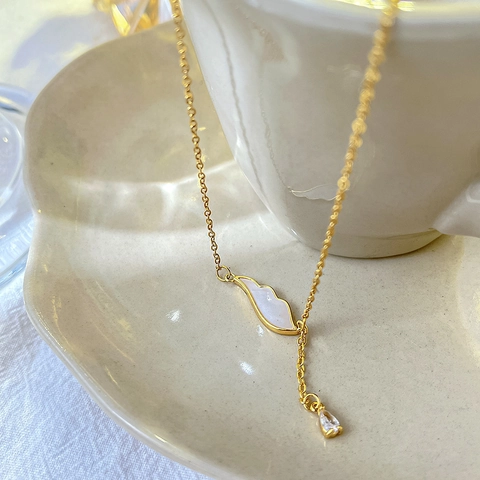 Elegant Stainless Steel Angel Wings Pendant Necklace With Zirconia Waterdrop For Women Korean Style Mother Of Artificial Pearl Jewelry Gift