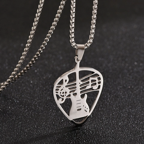 Collana Con Ciondolo A Forma Di Plettro Per Chitarra In Acciaio Inossidabile Nota Musicale Traforata Gioielli Hip Hop Per Uomo Donna