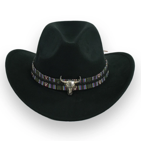 Western Cowboy Hat Woolen Felt Ethnic Braided Band Metal Bull Skull Decor Retro Curved Brim Fedora For Men Women