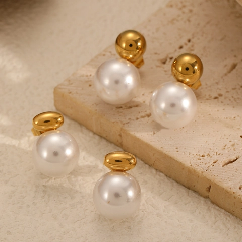 Stainless Steel Faux Artificial Pearl Stud Earrings Geometric Round Ball Minimalist Light Luxury Elegant Jewelry For Women
