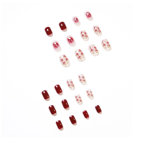 Kunstnagels Om Op Te Drukken Kort Vierkant Rond Bordeaux Wijnrood Rozenpatroon Afneembare Kunstnagels Manicure Voor Vrouwen