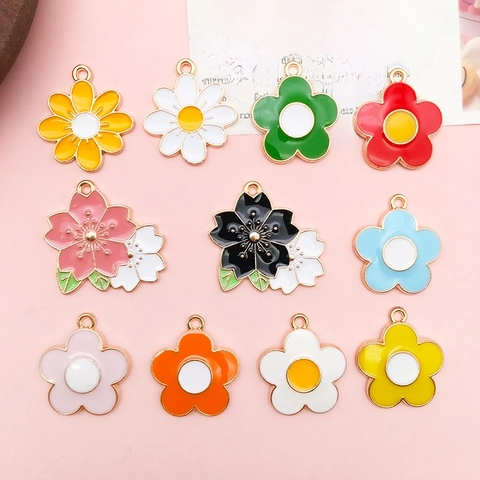 Alloy Enamel Flower Charms Daisy Cherry Blossom Pendants For DIY Jewelry Making Sweet Style Accessories Gold Plated