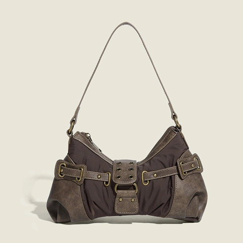 Vintage Underarm Shoulder Bag For Women Nylon PU Leather Rivet Buckle Y2K Baguette Crescent Handbag Brown