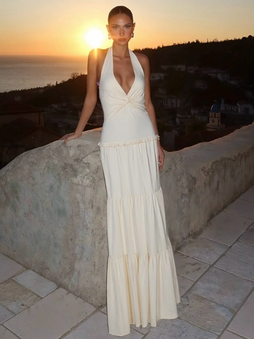 Halter Maxi Jurk Voor Dames V Hals Twist Voorkant Gelaagde Ruche Zoom Rugloos Zomer Feest Elegant Polyester Spandex