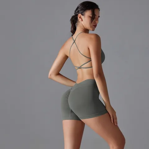 Abbigliamento Yoga Donna Maglia Senza Cuciture Vita Alta Pantaloncini Push Up Reggiseno Sportivo Incrocio Dietro