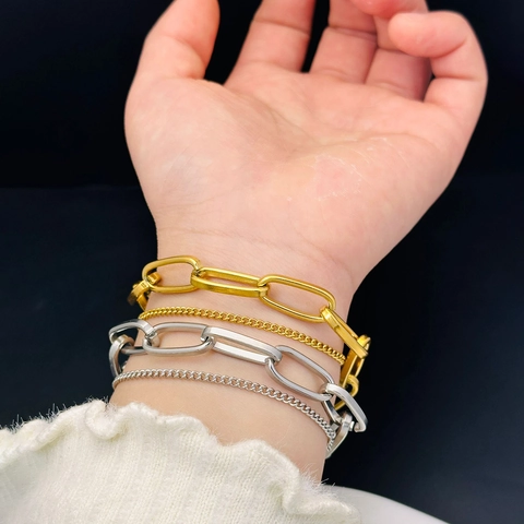 Bracciale a Catena a Doppio Strato Punk da Donna in Acciaio al Titanio Inossidabile Catena a Maglie Geometriche Oro Argento Regolabile Gioielli Regalo