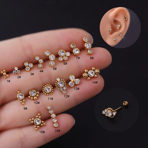 Stainless Steel Ear Cartilage Studs With Zircon Fashion Piercing Jewelry Screw Ball Back Geometric For Women Men