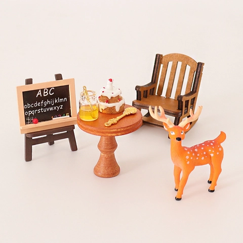 Muebles Miniatura Casa De Muñecas Madera Resina Silla Mecedora Mesa Pizarra Modelo Ciervo Pastel Decoración DIY