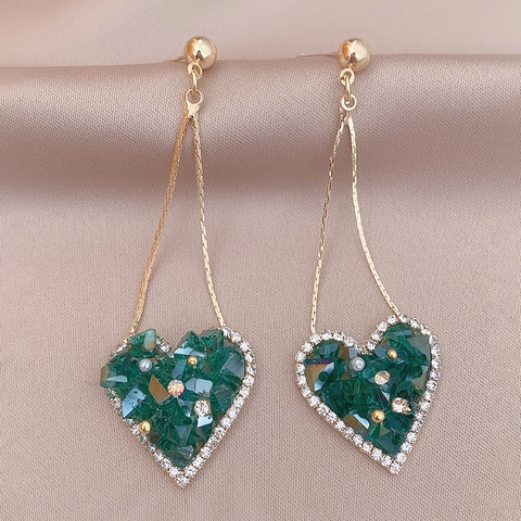 Orecchini Pendenti Cuore Cristallo Verde Smeraldo Vintage Lusso Strass Con Perno In Argento Sterling 925
