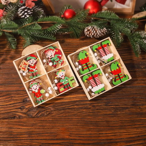 Christmas Tree Ornaments Wooden Elf Jester Hanging Pendants For Holiday Party Home Decor With Storage Box And Rope