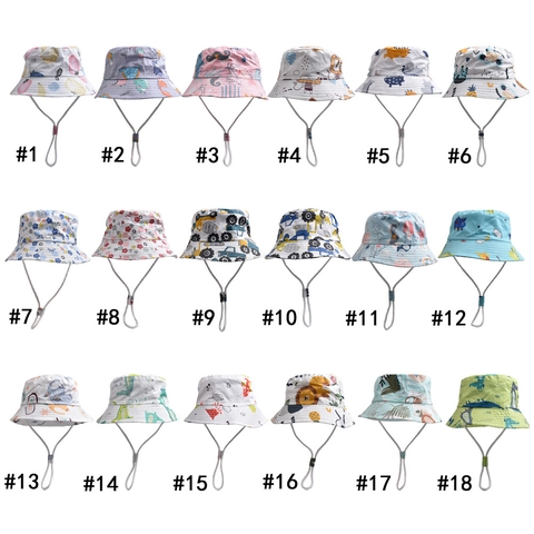 Kids Bucket Hat Sun Protection Adjustable Windproof Chin Strap Cartoon Animal Dinosaur Print Summer Outdoor Toddler Polyester