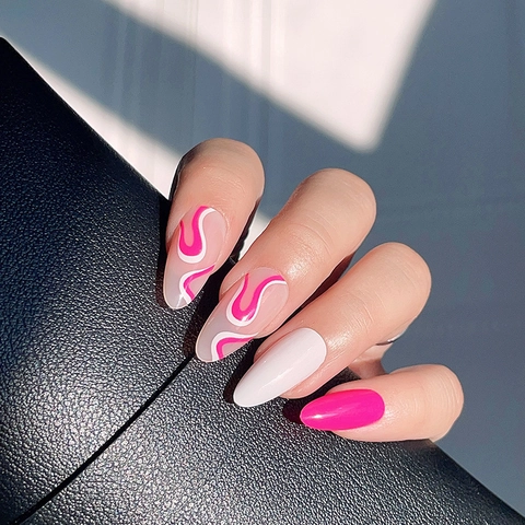 Unghie Finte Press On Rosa Acceso Bianco Onde Vortice Forma Mandorla Lunga Lucido Manicure Artificiale Moda Donne DIY