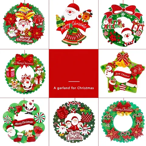 Christmas Wreath Door Hanging Ornament Santa Claus Snowman Glitter Paper Festive Party Wall Decoration