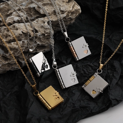 Collar De Medallón De Libro De Acero Inoxidable Chapado En Oro Real Colgante De Corazón Que Se Abre Para Mujeres