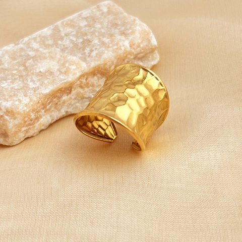 Vintage Stainless Steel Hammered Water Ripple Wide Face Ring For Women Fashion 18K Gold Plated Adjustable Open Finger Ring